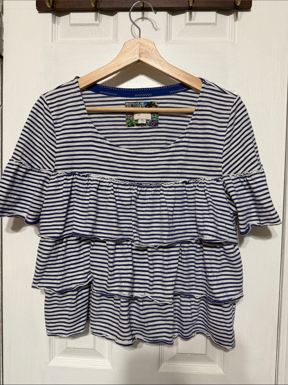 Anthropologie Navy & White Striped Ruffle Tunic